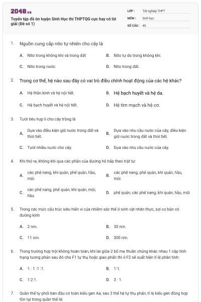 Tuyển tập đề ôn luyện Sinh Học thi THPTQG cực hay có lời giải (Đề số 1)