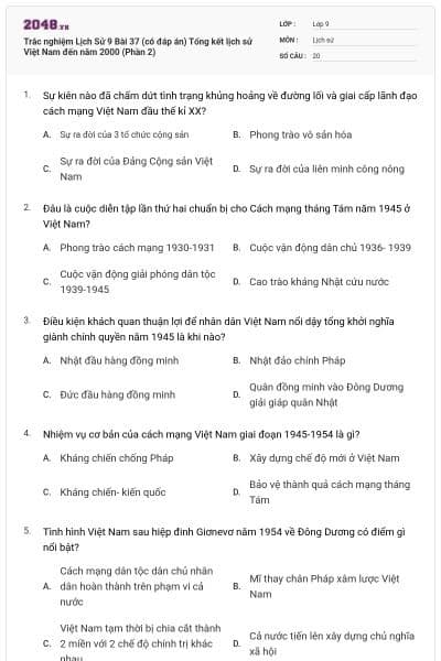 Trắc nghiệm Lịch Sử 9 Bài 37 (có đáp án) Tổng kết lịch sử Việt Nam đến năm 2000 (Phần 2)