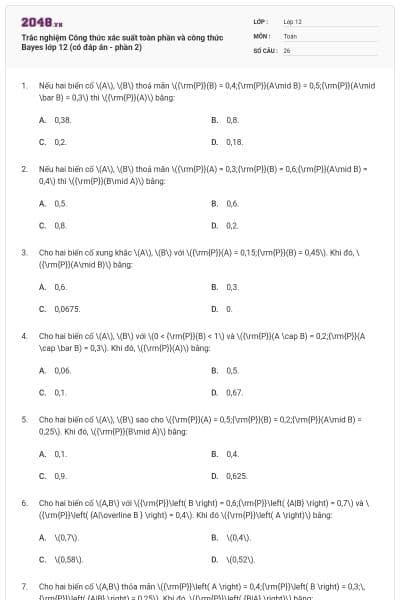 Trắc nghiệm Công thức xác suất toàn phần và công thức Bayes lớp 12 (có đáp án - phần 2)