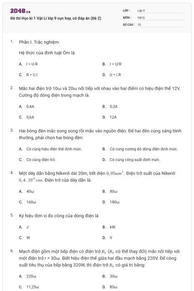 Đề thi Học kì 1 Vật Lí lớp 9 cực hay, có đáp án (Đề 2)