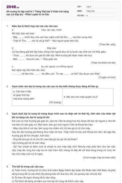 Đề cương ôn tập cuối kì 1 Tiếng Việt lớp 5 Chân trời sáng tạo (có đáp án) - Phần Luyện từ và Câu