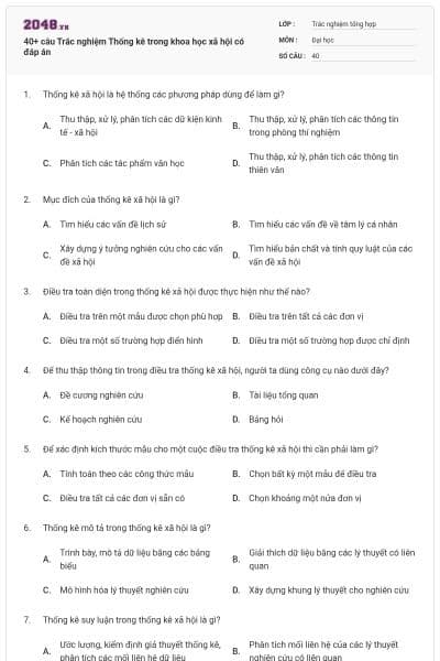 40+ câu Trắc nghiệm Thống kê trong khoa học xã hội có đáp án