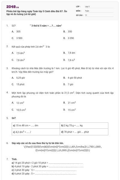 Phiếu bài tập hàng ngày Toán lớp 5 Cánh diều Bài 87. Ôn tập về đo lường (có lời giải)