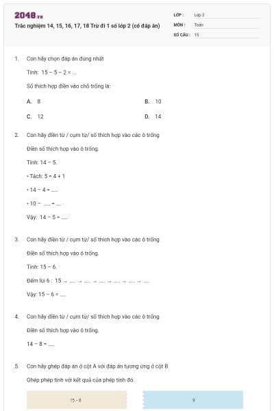 Trắc nghiệm 14, 15, 16, 17, 18 Trừ đi 1 số lớp 2 (có đáp án)