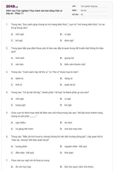 500+ câu Trắc nghiệm Thực hành văn bản tiếng Việt có đáp án - Phần 11