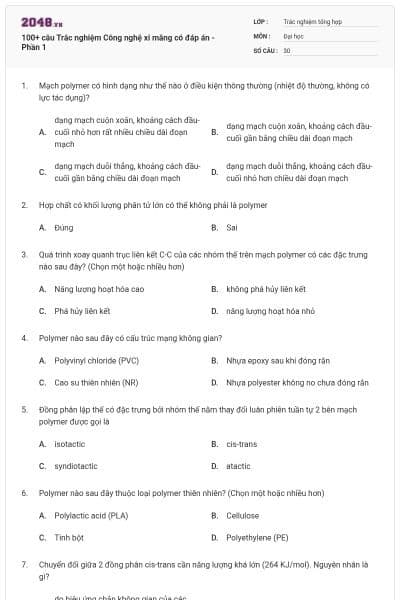 100+ câu Trắc nghiệm Công nghệ xi măng có đáp án - Phần 1