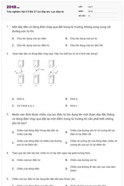 Trắc nghiệm Vật lí 9 Bài 27 (có đáp án): Lực điện từ