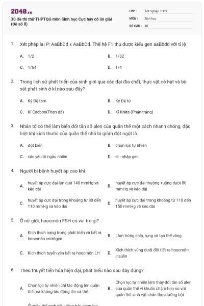 30 đề thi thử THPTQG môn Sinh học Cực hay có lời giải (Đề số 8)