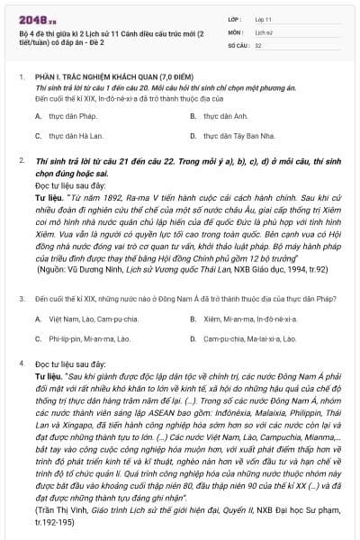 Bộ 4 đề thi giữa kì 2 Lịch sử 11 Cánh diều cấu trúc mới (2 tiết/tuần) có đáp án - Đề 2