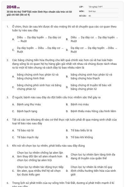 30 Đề thi thử THPTQG môn Sinh Học chuẩn cấu trúc có lời giải chi tiết (Đề số 4)
