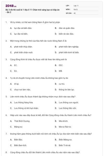 Bộ 3 đề thi cuối kì 1 Địa lí 11 Chân trời sáng tạo có đáp án - Đề 2