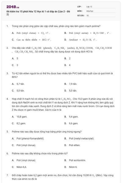 Đề kiểm tra 15 phút Hóa 12 Học kì 1 có đáp án (Lần 2 - Đề 2)