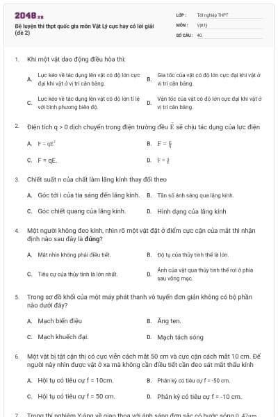 Đề luyện thi thpt quốc gia môn Vật Lý cực hay có lời giải (đề 2)