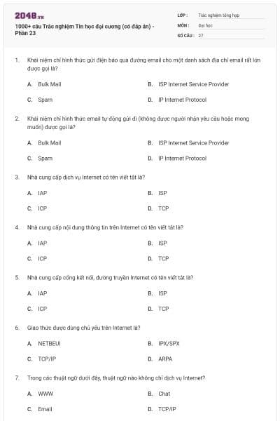 1000+ câu Trắc nghiệm Tin học đại cương (có đáp án) - Phần 23