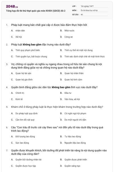 Tổng hợp đề thi thử thpt quốc gia môn KHXH (GDCD) đề 2