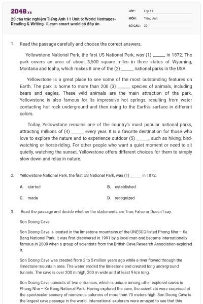 20 câu trắc nghiệm Tiếng Anh 11 Unit 6: World Heritages- Reading & Writing- iLearn smart world có đáp án
