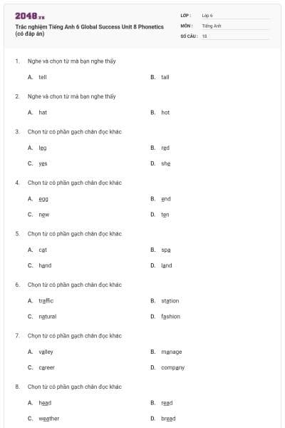 Trắc nghiệm Tiếng Anh 6 Global Success Unit 8 Phonetics (có đáp án)