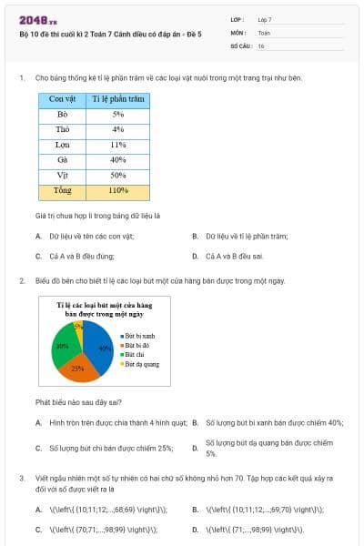 Bộ 10 đề thi cuối kì 2 Toán 7 Cánh diều có đáp án - Đề 5