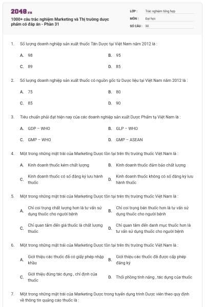 1000+ câu trắc nghiệm Marketing và Thị trường dược phẩm có đáp án - Phần 31