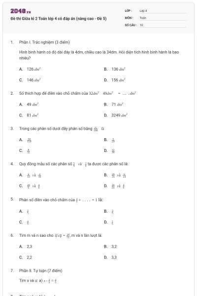 Đề thi Giữa kì 2 Toán lớp 4 có đáp án (nâng cao - Đề 5)
