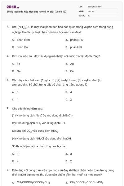 Bộ đề luyện thi Hóa Học cực hay có lời giải (Đề số 13)