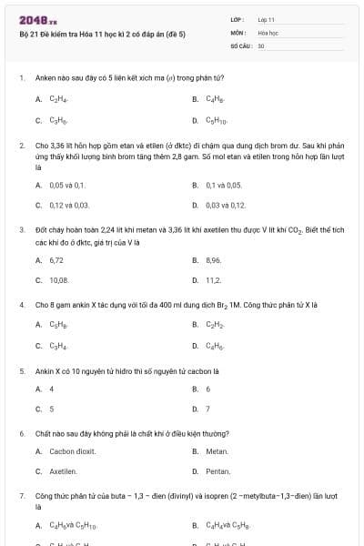 Bộ 21 Đề kiểm tra Hóa 11 học kì 2 có đáp án (đề 5)