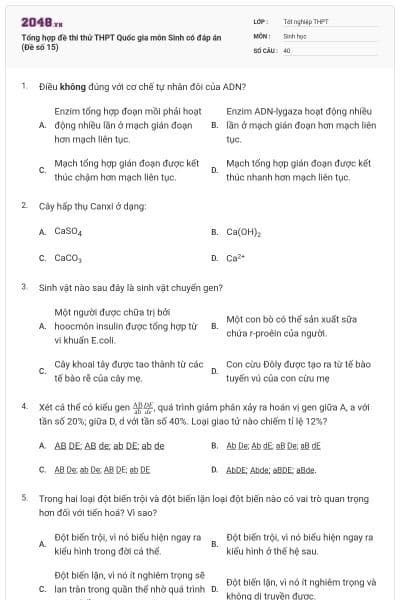 Tổng hợp đề thi thử THPT Quốc gia môn Sinh có đáp án (Đề số 15)