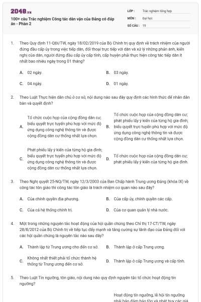 100+ câu Trắc nghiệm Công tác dân vận của Đảng có đáp án - Phần 2