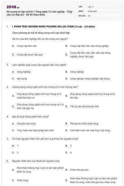 Đề cương ôn tập cuối kì 1 Công nghệ 12 Lâm nghiệp - Thủy sản (có đáp án) - Đề thi tham khảo