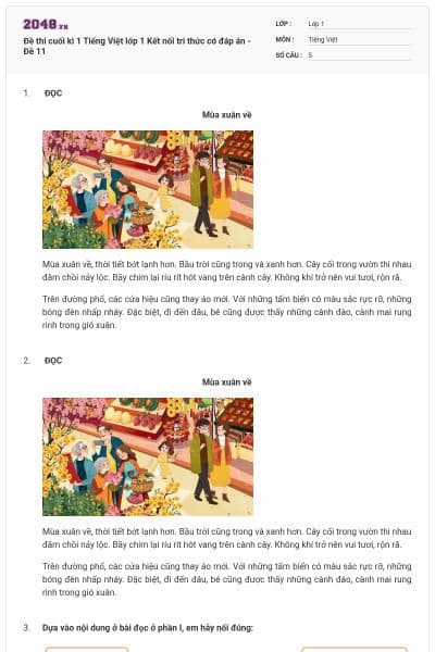 Đề thi cuối kì 1 Tiếng Việt lớp 1 Kết nối tri thức có đáp án - Đề 11