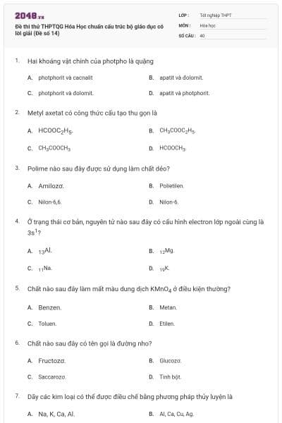 Đề thi thử THPTQG Hóa Học chuẩn cấu trúc bộ giáo dục có lời giải (Đề số 14)