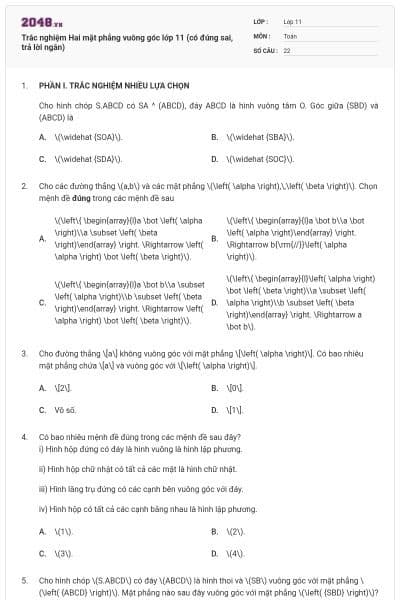 Trắc nghiệm Hai mặt phẳng vuông góc lớp 11 (có đúng sai, trả lời ngắn)