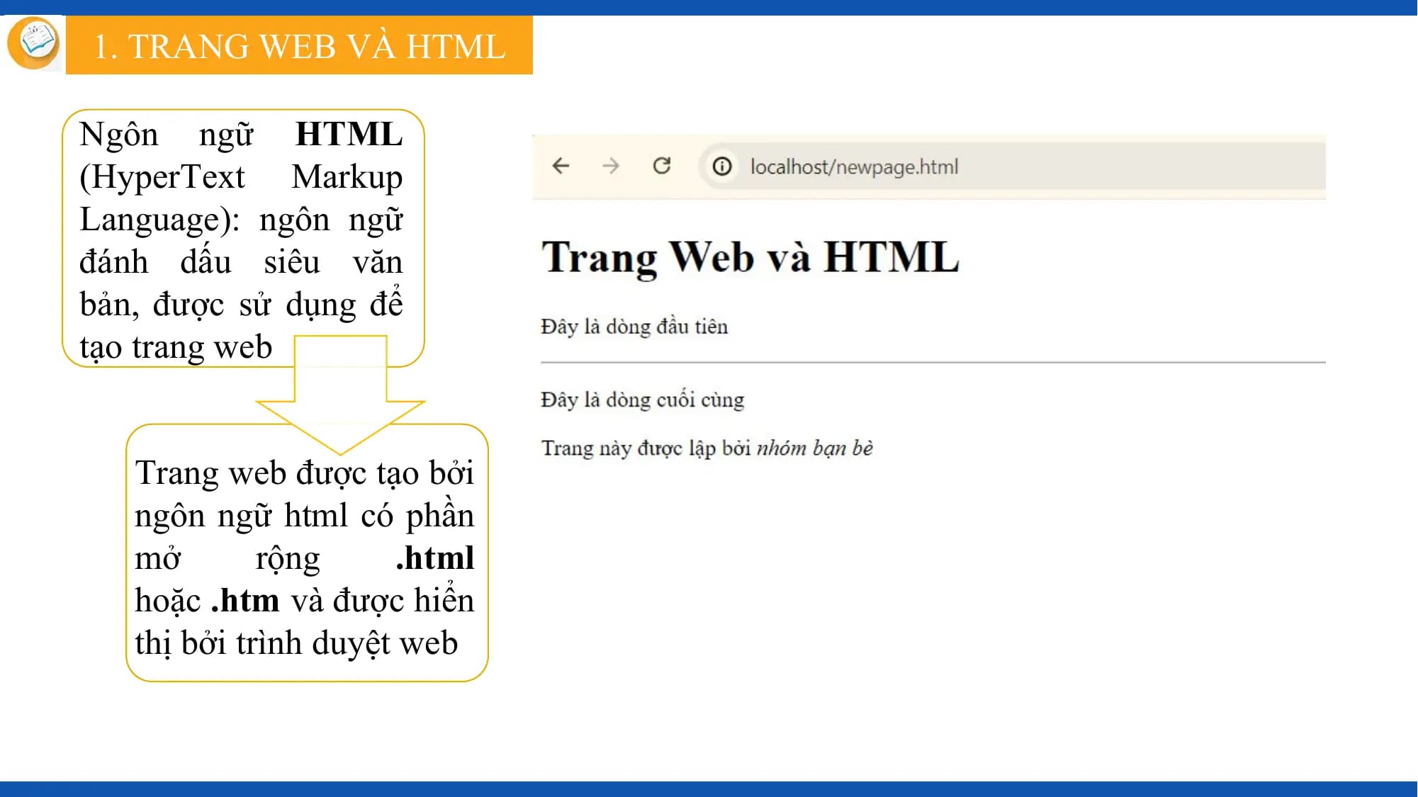 1. TRANG WEB VÀ HTML

Ngôn ngữ HTML
(HyperText Markup
Language): ngôn ngữ
đánh dấu siêu văn
bản, được sử dụng để
tạo trang web

 Trang web được tạo bởi
 ngôn ngữ html có phần
 mở rộng .html
 hoặc .htm và được hiển
 thị bởi trình duyệt web