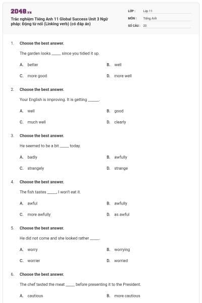 Trắc nghiệm Tiếng Anh 11 Global Success Unit 3 Ngữ pháp: Động từ nối (Linking verb) (có đáp án)