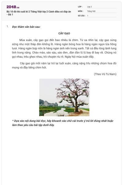 Bộ 10 đề thi cuối kì 2 Tiếng Việt lớp 2 Cánh diều có đáp án - Đề 1