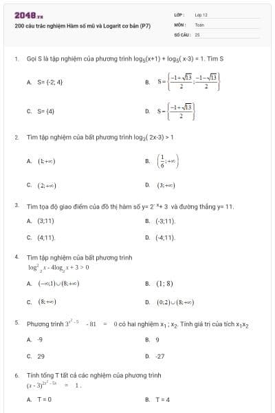 200 câu trắc nghiệm Hàm số mũ và Logarit cơ bản (P7)