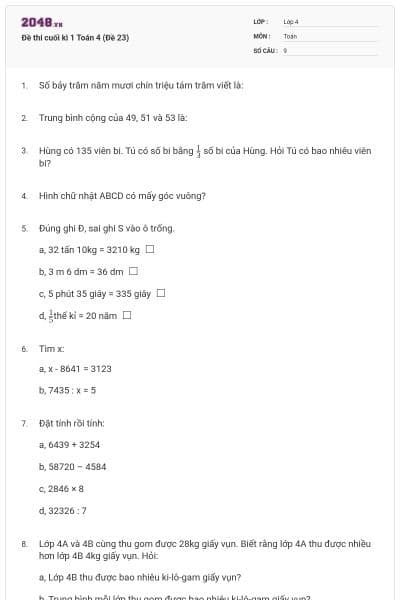 Đề thi cuối kì 1 Toán 4 (Đề 23)