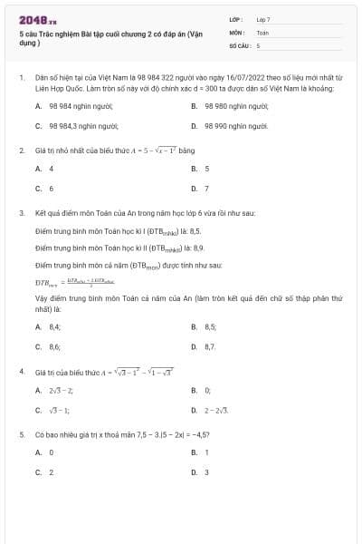 5 câu Trắc nghiệm Bài tập cuối chương 2 có đáp án (Vận dụng )