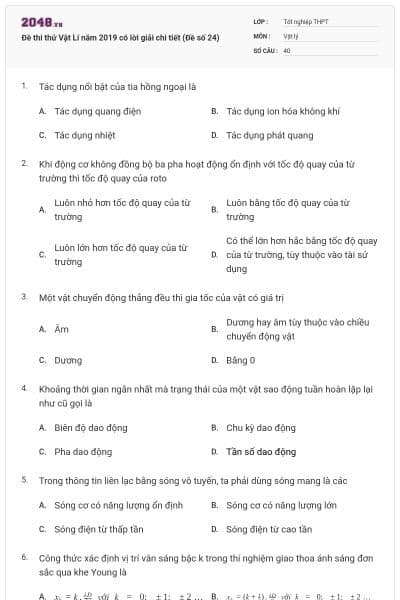 Đề thi thử Vật Lí năm 2019 có lời giải chi tiết (Đề số 24)