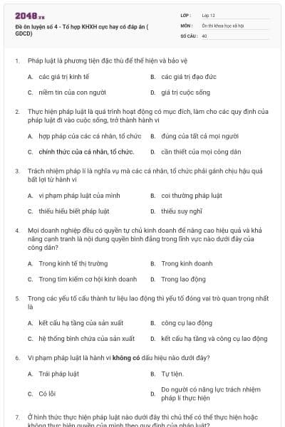Đề ôn luyện số 4 - Tổ hợp KHXH cực hay có đáp án ( GDCD)