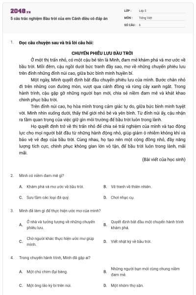 5 câu trắc nghiệm Bầu trời của em Cánh diều có đáp án