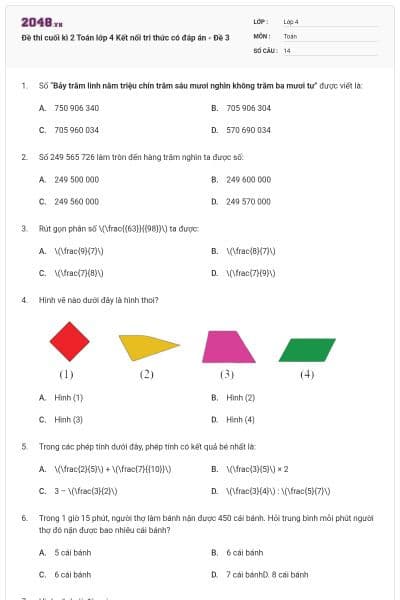 Đề thi cuối kì 2 Toán lớp 4 Kết nối tri thức có đáp án - Đề 3