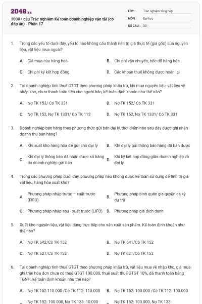 1000+ câu Trắc nghiệm Kế toán doanh nghiệp vận tải (có đáp án) - Phần 17