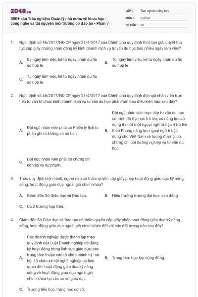 300+ câu Trắc nghiệm Quản lý nhà nước về khoa học - công nghệ và tài nguyên môi trường có đáp án - Phần 7