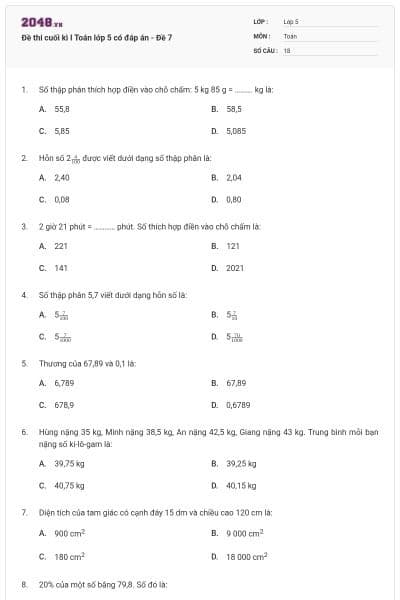Đề thi cuối kì I Toán lớp 5 có đáp án  - Đề 7