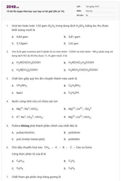 15 đề Ôn luyện Hóa học cực hay có lời giải (Đề số 14)