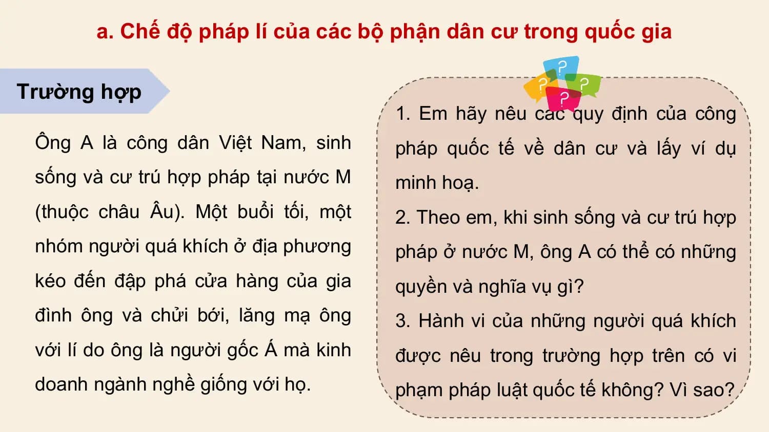 a. Chế độ pháp lí của các bộ phận dân cư trong quốc gia

Trường hợp
 1. Em hãy nêu các quy định của công
 Ông A là công dân Việt Nam, sinh pháp quốc tế về dân cư và lấy ví dụ
 sống và cư trú hợp pháp tại nước M minh hoạ.
 (thuộc châu Âu). Một buổi tối, một 2. Theo em, khi sinh sống và cư trú hợp
 nhóm người quá khích ở địa phương pháp ở nước M, ông A có thể có những
 kéo đến đập phá cửa hàng của gia quyền và nghĩa vụ gì?
 đình ông và chửi bới, lăng mạ ông 3. Hành vi của những người quá khích
 với lí do ông là người gốc Á mà kinh được nêu trong trường hợp trên có vi
 doanh ngành nghề giống với họ. phạm pháp luật quốc tế không? Vì sao?