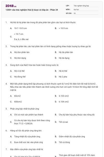 1200+ câu trắc nghiệm Hoá lý dược có đáp án - Phần 34