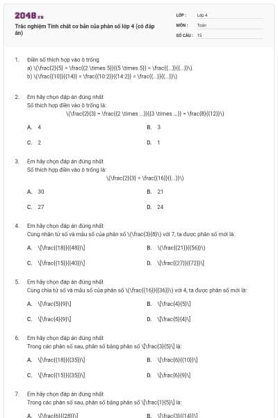 Trắc nghiệm Tính chất cơ bản của phân số lớp 4 (có đáp án)