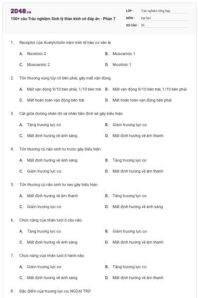 100+ câu Trắc nghiệm Sinh lý thần kinh có đáp án - Phần 7